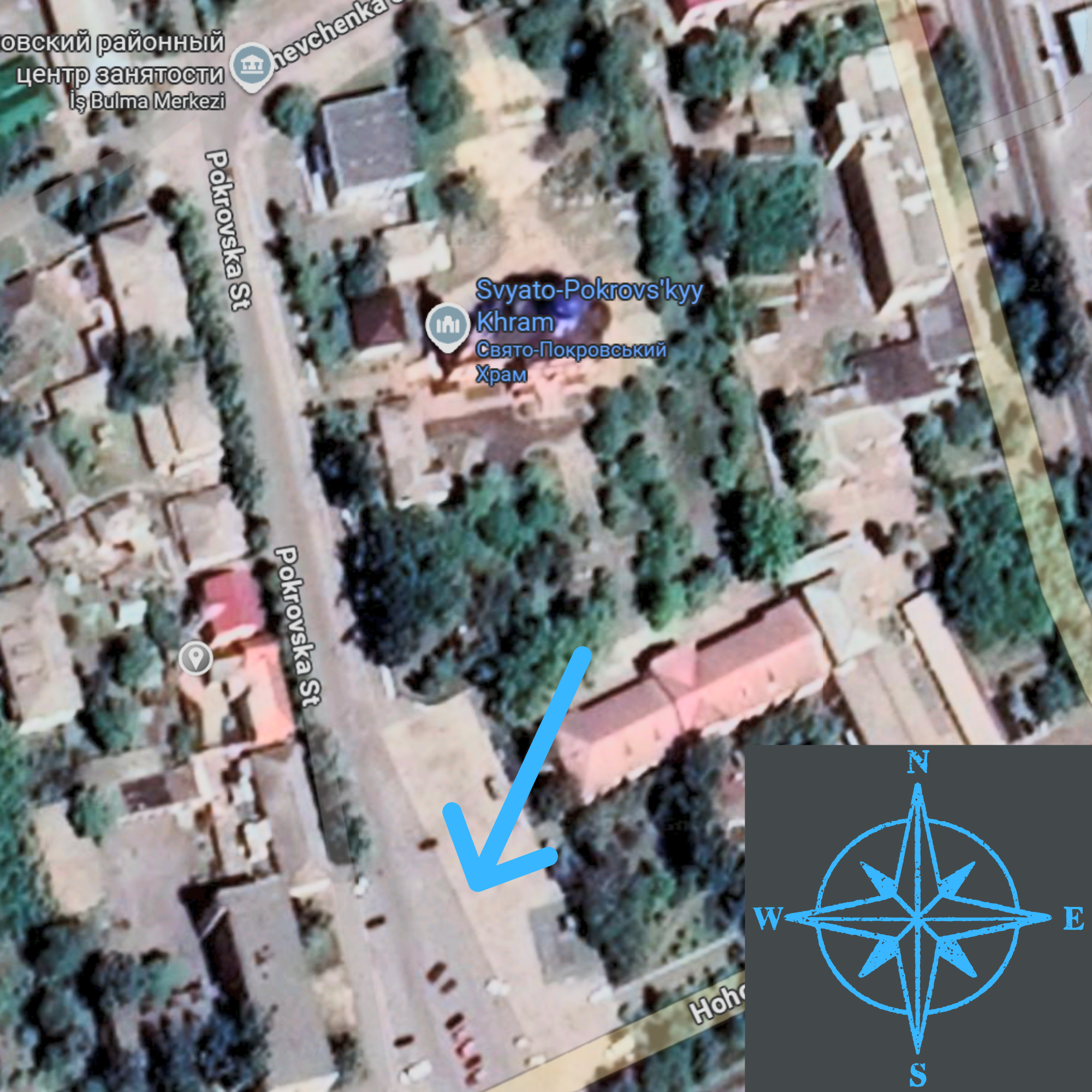 Google Earth view of the location aligned to true North using the compass icon in the bottom right corner.