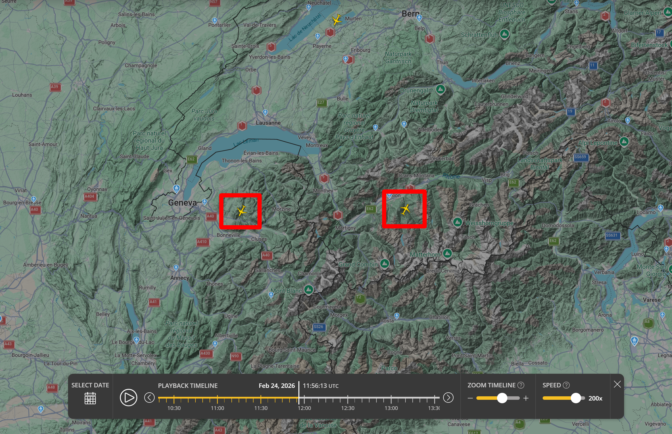 Screenshot of FlightRadar24 map showing two planes crossing the Alps at 11:55 UTC on 24 February 2026.