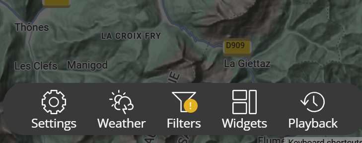 The FlightRadar24 top menu with the Filters button shown in a red box.